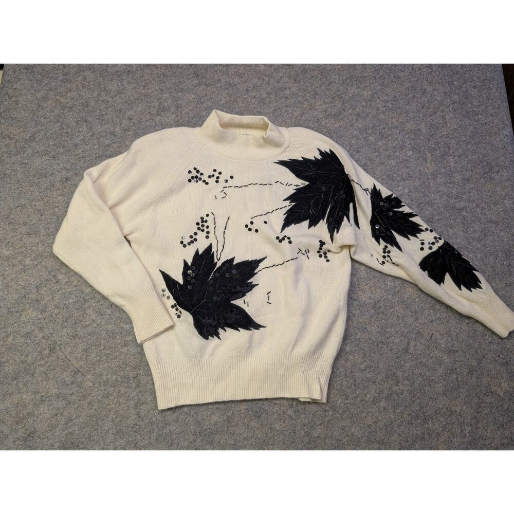 Vintage Laura Winston Sequin Detail Lambswool Sweater White Black Leaf Design